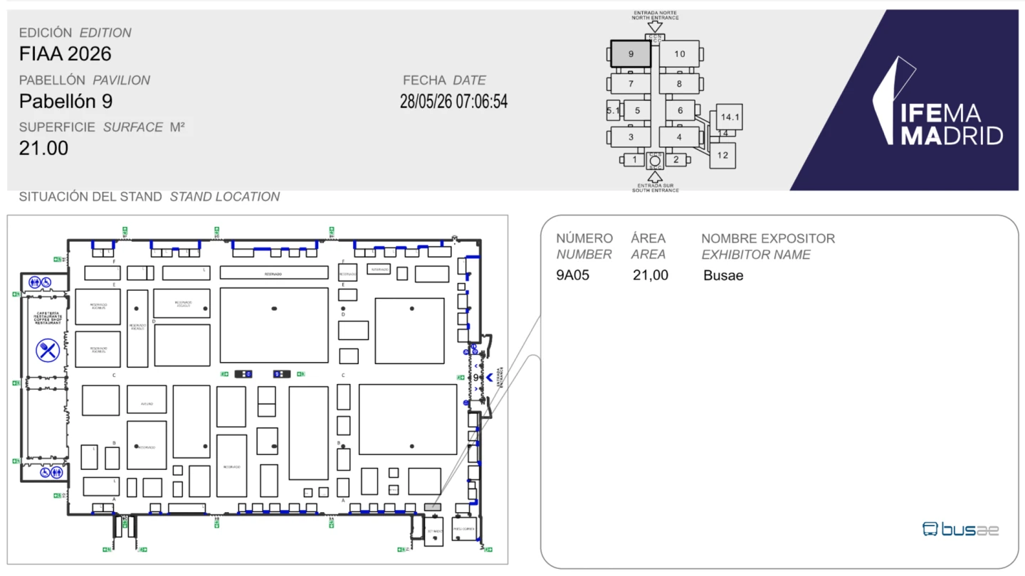 Ubicación del stand 9A05 de Busae en el pabellón 9 de FIAA 2026 en IFEMA Madrid