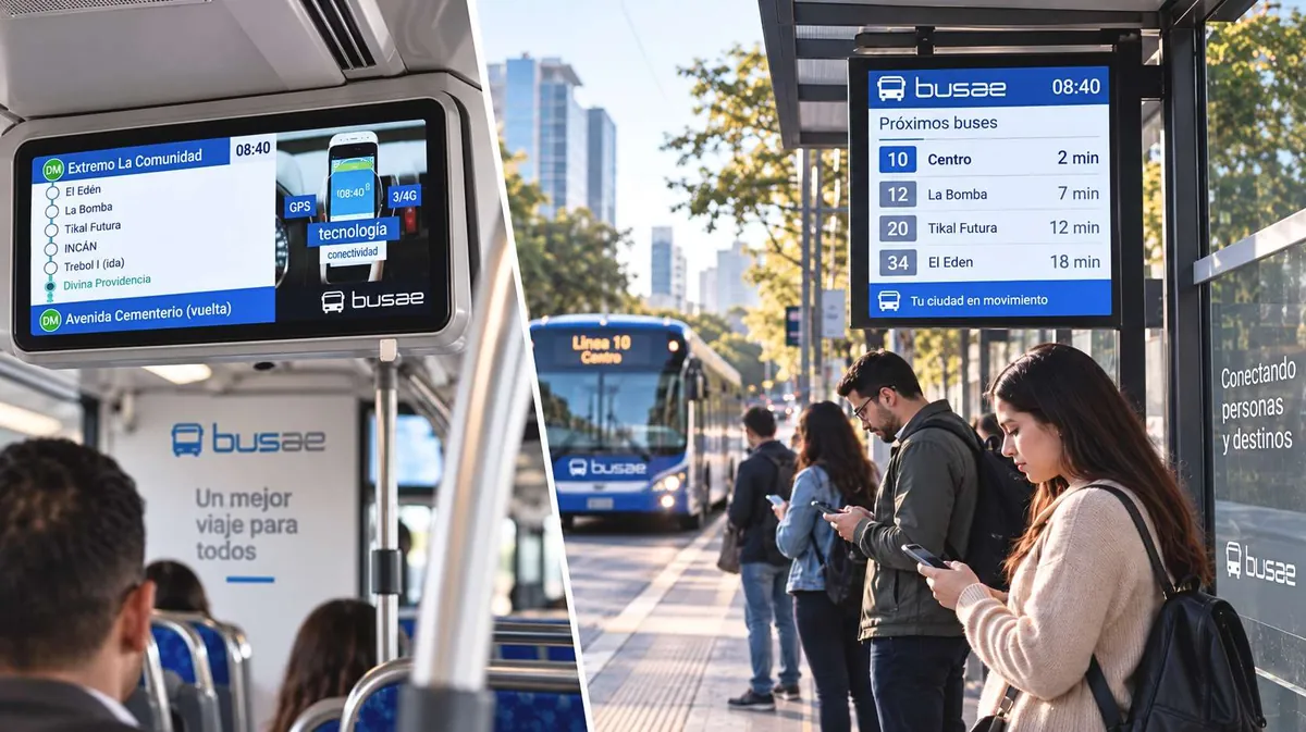 Pantalla de información al pasajero dentro del autobús y panel de próximos buses en la parada