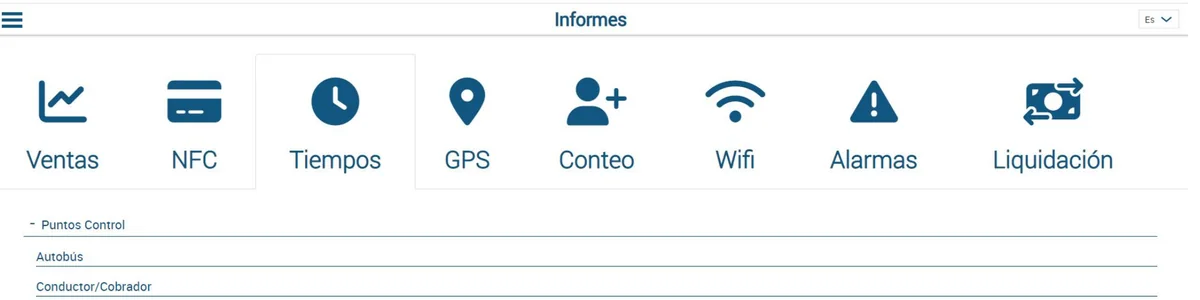 Módulo de informes de la plataforma Busae con ventas, tiempos, GPS, conteo y alarmas