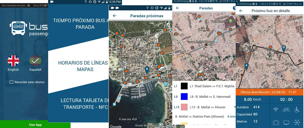 Capturas de la aplicación de pasajero de Busae: próximo bus, paradas y mapa de líneas